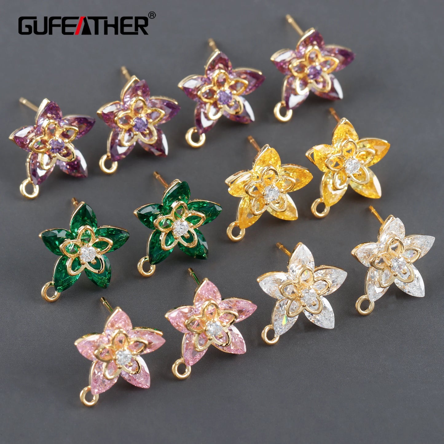 GUFEATHER M1124,jewelry accessories,18k gold plated,copper,zircons,pass REACH,nickel free,flower shape,diy earrings,10pcs/lot