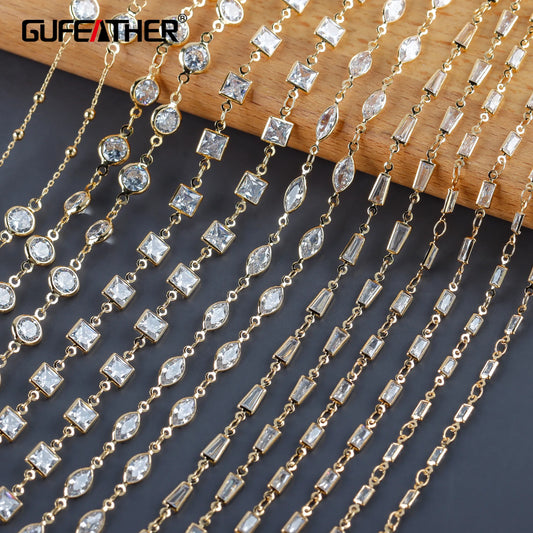 GUFEATHER C209, chaîne de bricolage, pass REACH, sans nickel, plaqué or 18 carats, cuivre, zircon, breloques, collier de bracelet à bricoler soi-même, fabrication de bijoux, 1 m/lot 