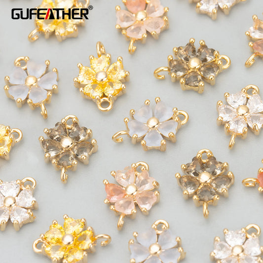 GUFEATHER MD36, accesorios de joyería, chapado en oro de 18 k, cobre, circonitas, forma de flor, dijes, fabricación de joyas, colgantes diy, 6 unids/lote 