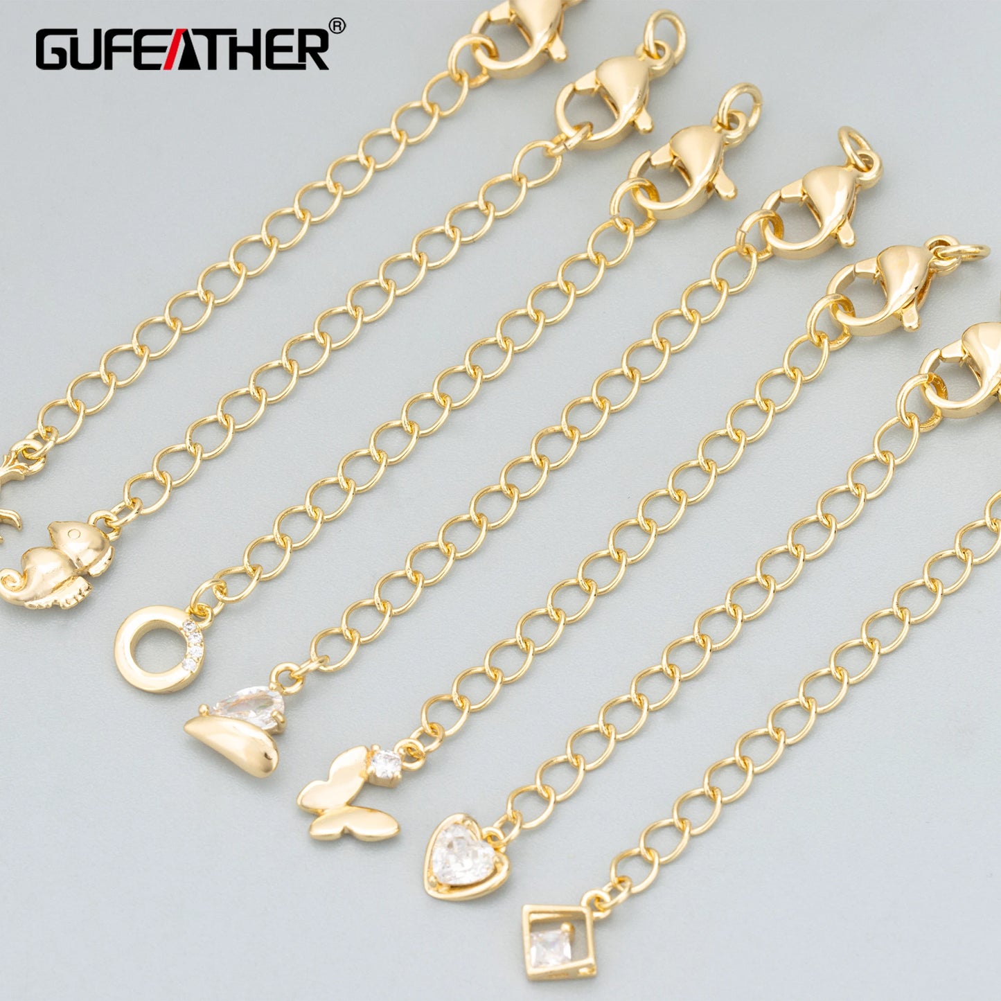 GUFEATHER ME38, accesorios de joyería, chapado en rodio de oro de 18 k, cobre, hecho a mano, dijes, fabricación de joyas, cadena extendida, 6 unids/lote 