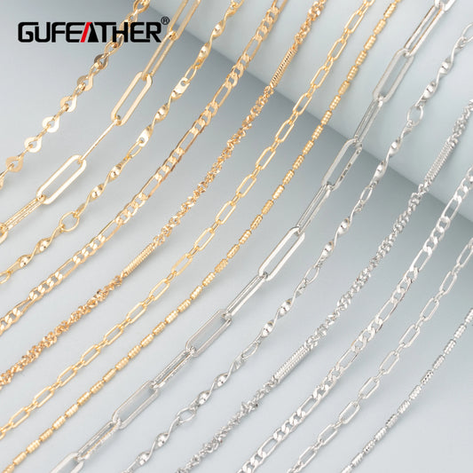 GUFEATHER C154, chaîne de bricolage, pass REACH, sans nickel, plaqué rhodium or 18 carats, cuivre, breloque, collier de bracelet à bricoler soi-même, fabrication de bijoux, 3 m/lot 