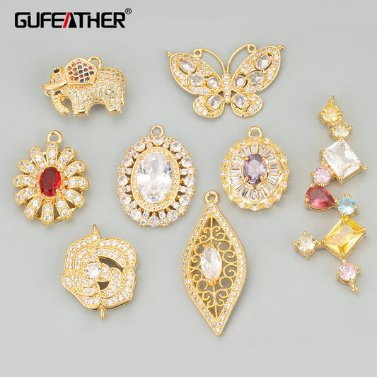 GUFEATHER ME49, accessoires de bijoux, plaqué or 18 carats, cuivre, zircons, breloques faites à la main, fabrication de bijoux, pendentifs diy, 6 pièces/lot 