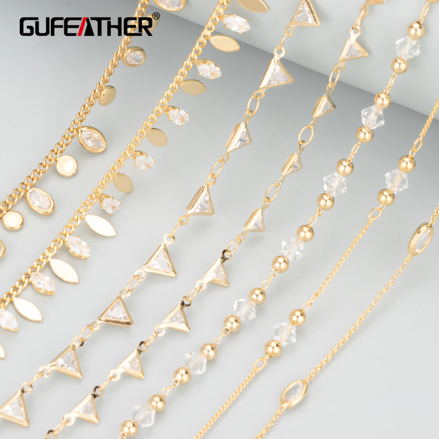 GUFEATHER C115, accessoires de bricolage, chaîne en zircon, pass REACH, sans nickel, plaqué or 18k, fabrication de bijoux, collier de bracelet à faire soi-même, 1 m/lot 