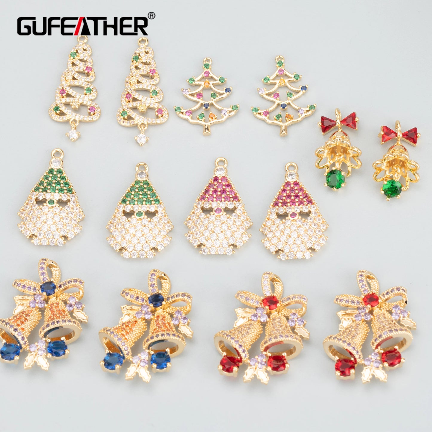 GUFEATHER MB95,jewelry accessories,christmas tree bell,18k gold plated,copper,zircons,jewelry making,christmas pendants,4pcs/lot