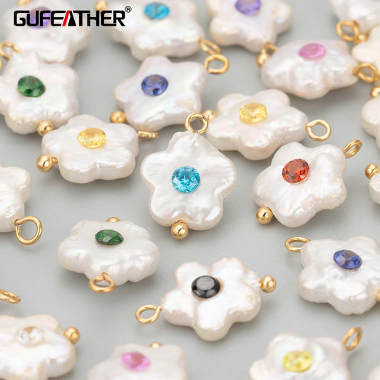 GUFEATHER ME03, accesorios de joyería, perlas naturales, cobre, hecho a mano, perlas con circonitas, dijes, colgantes diy, fabricación de joyas, 2 unids/lote 