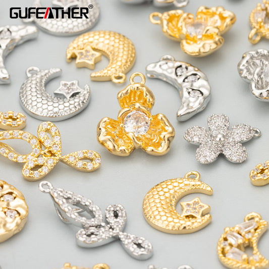GUFEATHER ME04, accesorios de joyería, chapado en rodio de oro de 18k, cobre, circonitas, hecho a mano, dijes, fabricación de joyas, colgantes diy, 6 unids/lote 