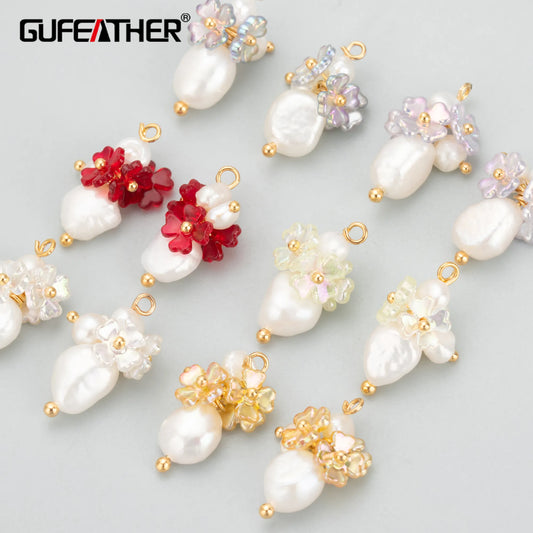 GUFEATHER MC53,jewelry accessories,18k gold plated,copper,natural pearl,flower shape,charms,jewelry making,diy pendants,2pcs/lot